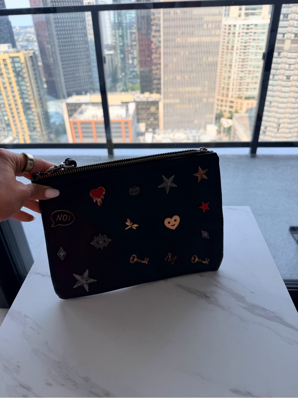 Stradivarius Black Embellished Clutch with Mixed Metal Accents